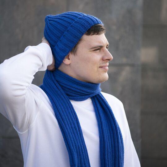 Шапка бини вязаная НАСВЯЗИ© шерсть/ акрил, ярко-синий